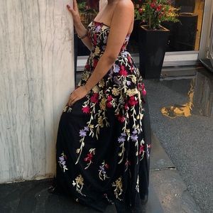 Strapless Black Floral Prom Dress